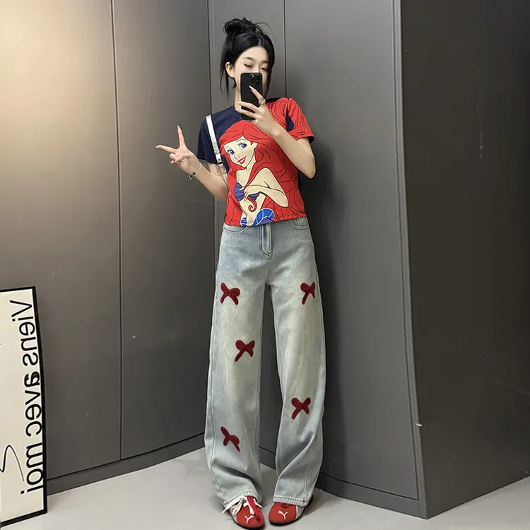 美式印花T恤牛仔裤套装女夏季设计感小众宽松直筒休闲牛仔阔腿裤