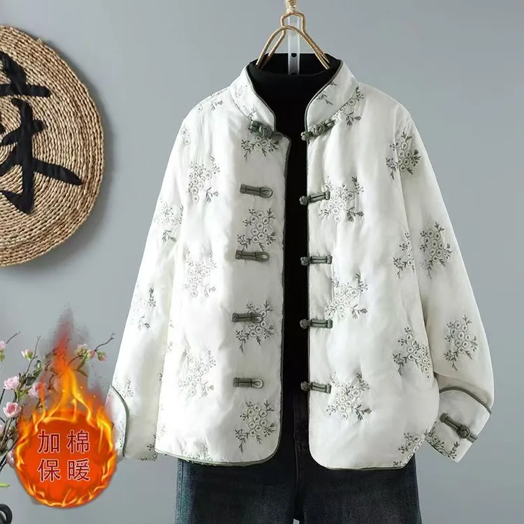 高端国风绣花轻薄棉服女冬季新款中式盘扣立领棉衣显瘦保暖短外套