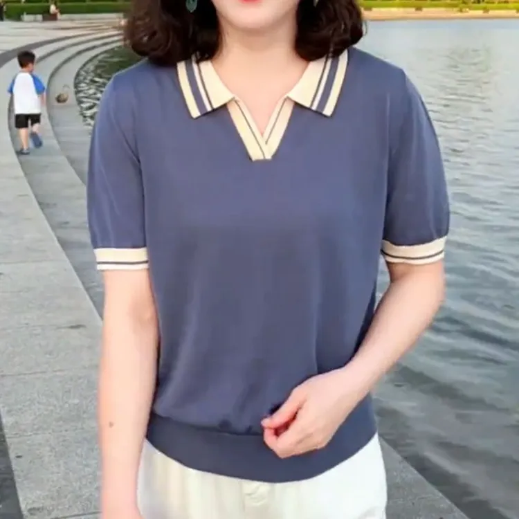 【清爽透气】夏季新款休闲妈妈短袖翻领减龄撞色宽松百搭大码女装
