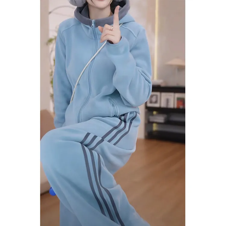 2025秋冬新款休闲摇粒绒连帽卫衣外套显瘦休闲裤加厚保暖时尚套装