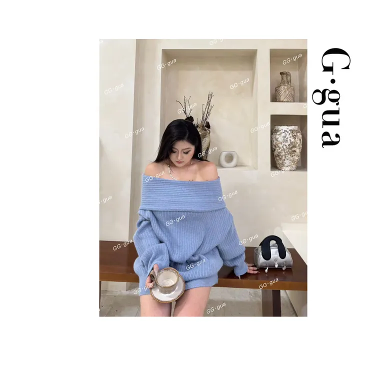 【张_Ggua】大码毛衣慵懒风一字肩韩系秋冬+软糯松紧腰短裤套装