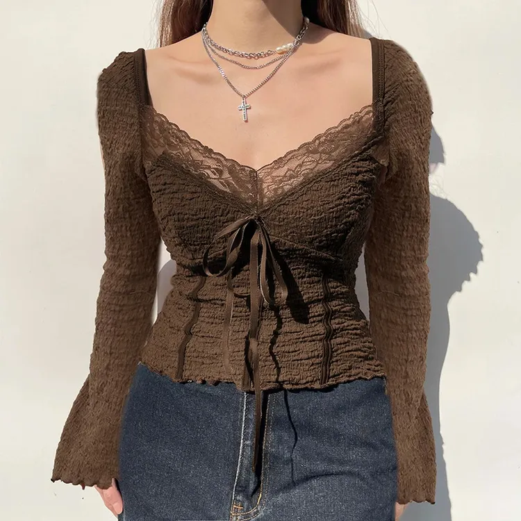 梦优莱法式蕾丝系带蝴蝶结长袖T恤女秋季新款打底衫修身显瘦上衣