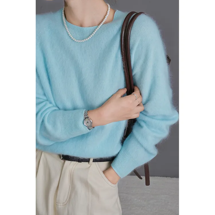 山羊绒绵羊毛拉绒慵懒风圆领长袖时尚百搭无缝一体毛衣9076