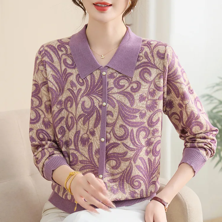 2025春秋新款妈妈装长袖针织衫女洋气中年妇女打底毛衣气质25108