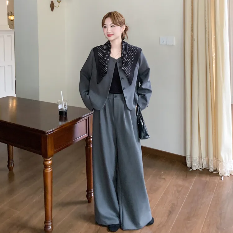 圆领单排扣披肩西装外套+阔腿裤两件套女2025秋季新款显瘦套装潮