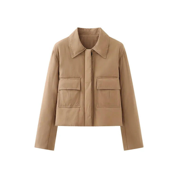 翻领两侧口袋单排扣棉服女休闲宽松纯色显瘦加厚外套新款