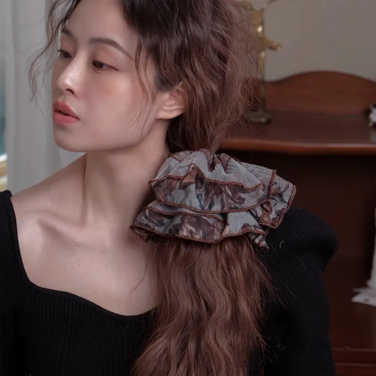 《乌兰》双层碎花薄纱发圈ins风发饰女 丸子头法式复古头绳头饰头花