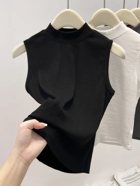 2025夏新款半高领背心 美式小半领无袖修身T恤女气质打底上衣显瘦