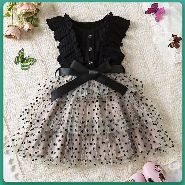 2025新款女童连衣裙韩版飞飞袖圆点网纱公主裙洋气多层网纱蛋糕裙