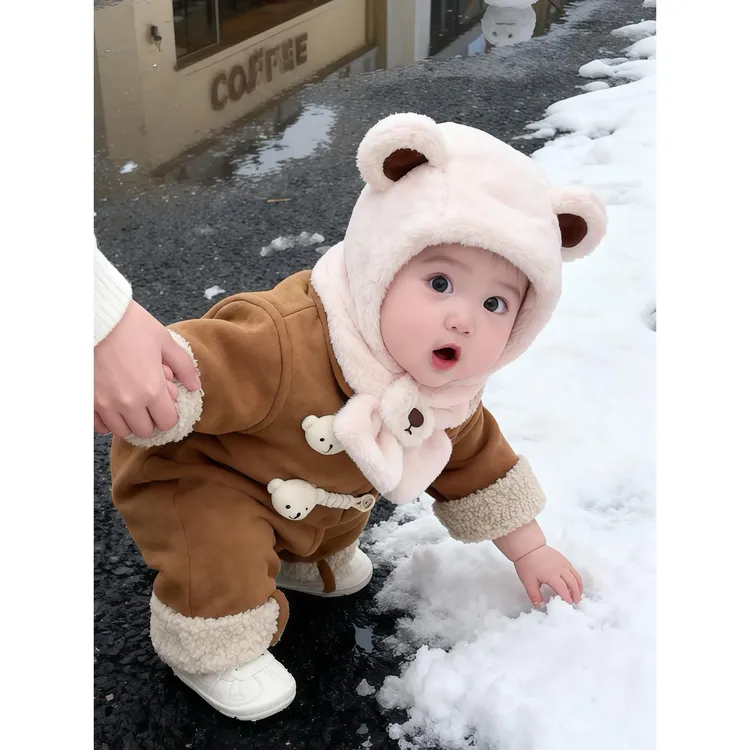 宝宝帽子秋冬季男女童围巾一体小熊毛绒帽冬天儿童加绒加厚防风帽