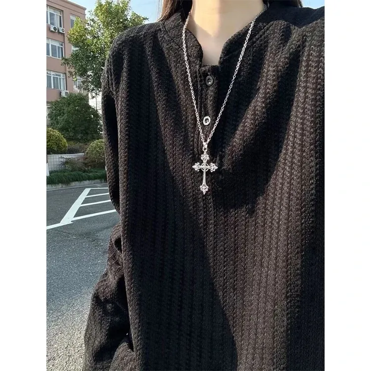 加绒鱼骨纹亨利领长袖t恤男秋冬美式潮牌内搭打底衫重磅卫衣外套