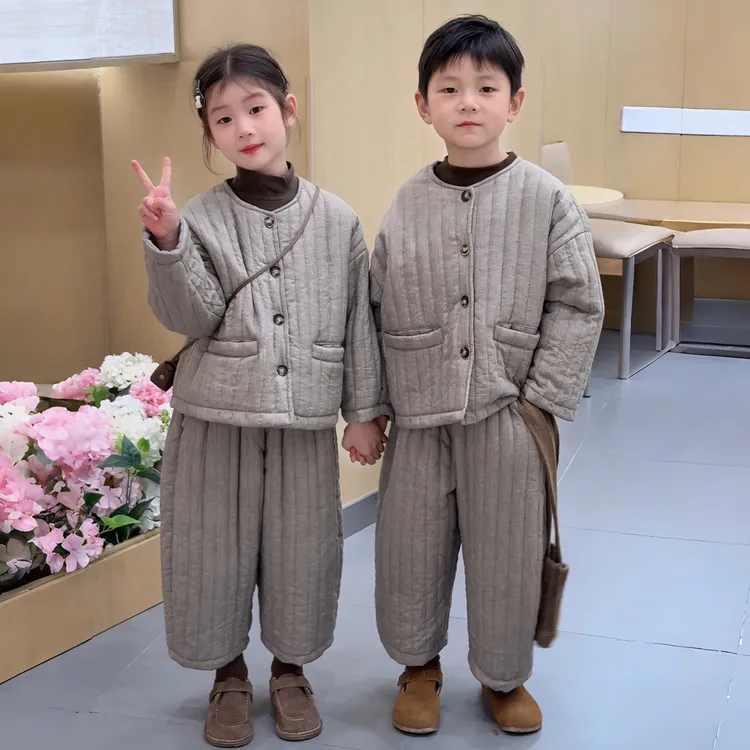 男女童套装2025秋冬新款儿童韩版圆领夹棉棉服棉衣宝宝加厚两件套