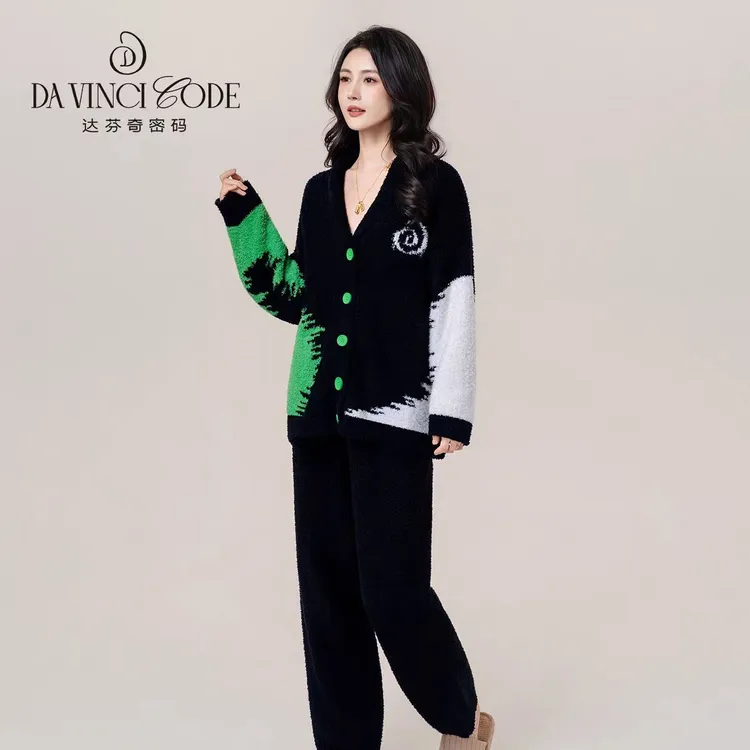 达芬奇密码黑绿高颜值可外穿半边绒睡衣冬季女秋冬加绒加厚家居服