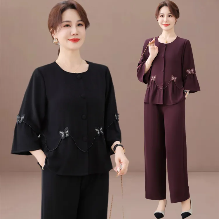 妈妈端庄大气春装套装2025新款中老年女装春夏雪纺小衫小香风上衣