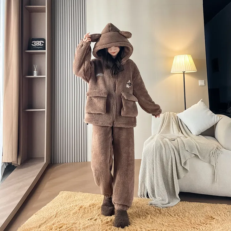 特特厚三层复合绒！Mis熊睡衣巨保暖情侣款连帽家居服可外穿