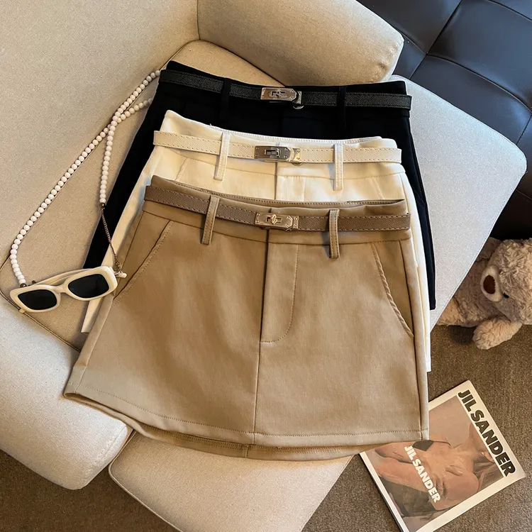 老钱风休闲高腰a字西装半身裙女韩系百搭小个子包臀短裙子配腰带