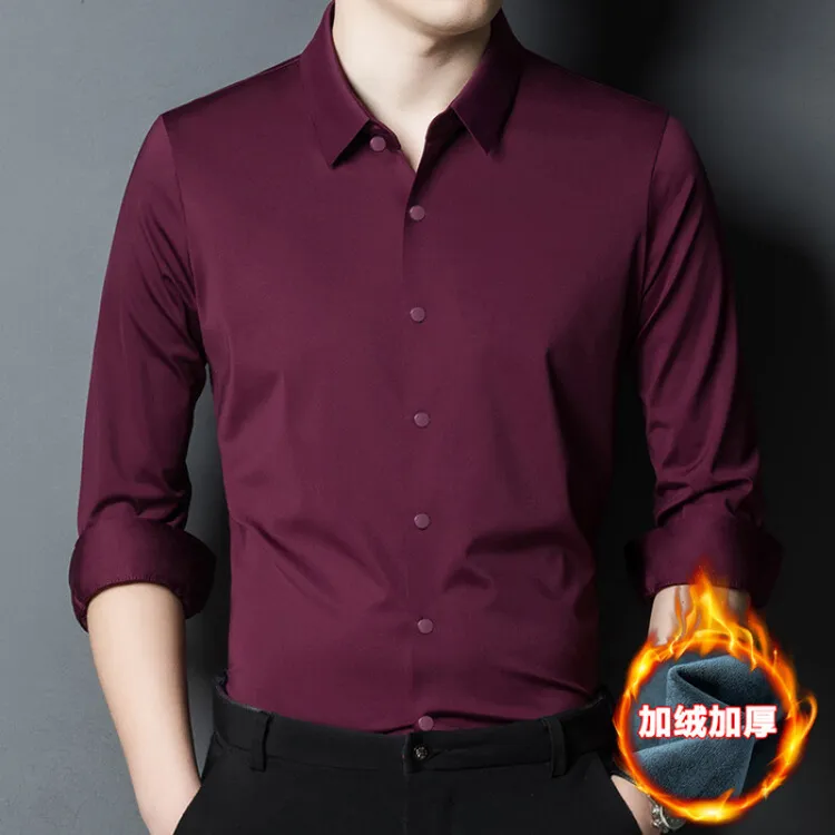 2025年秋冬喜宴红色保暖无痕衬衫长袖宽松加绒加厚衬衣结婚爸爸装