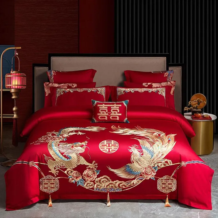 水星家纺适用24年新款纯棉全棉长绒棉100支新中式刺绣婚庆四件套