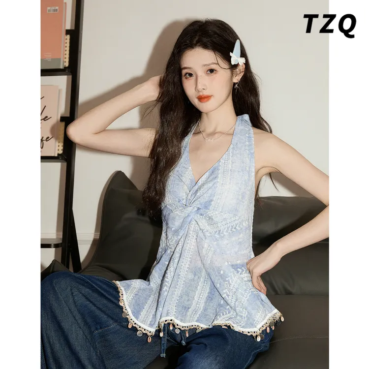 蓝色挂脖扭结V领系带通勤背心女款2025夏季小无袖上衣TZQ2562518