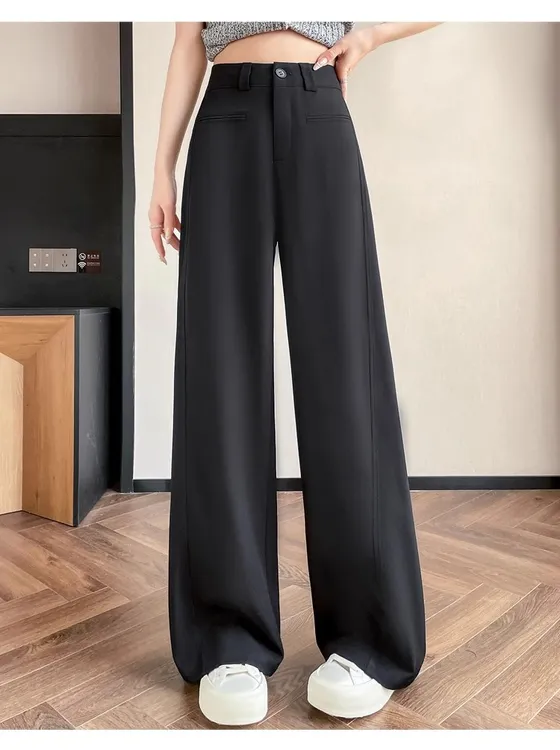 【现货】高腰秋季阔腿裤腰带休闲裤西装斜纹垂感显瘦黑色