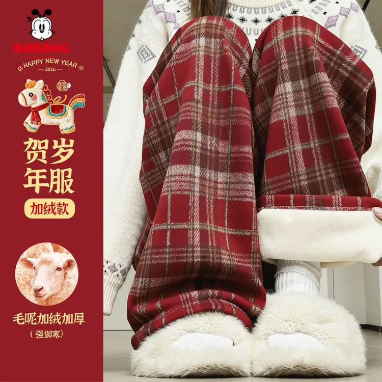 巴布豆马年拜年服女童加绒裤子冬2026新款儿童红色阔腿裤复古保暖