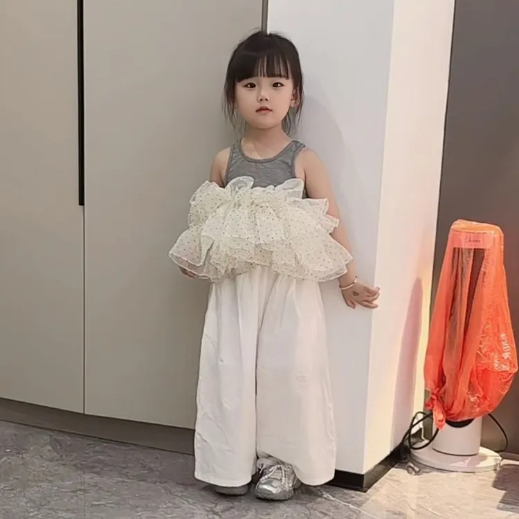女童2025夏季新款套装波点荷叶边上衣洋气韩版白色裤子时尚两件套