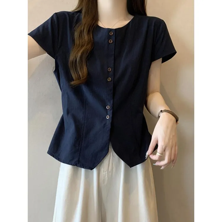 大码女装正肩设计感飞飞袖短袖衬衫女夏季胖妹妹显瘦百搭短款上衣