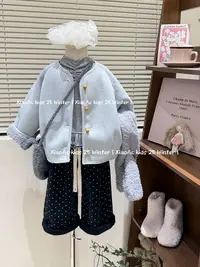 韩系女童冬季款加绒加厚麂皮雾霾蓝外套女宝百搭加绒波点卫裤套装