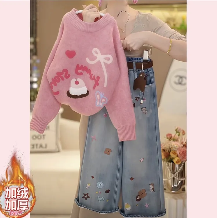【原版品质】女童加厚毛衣加绒牛仔裤2025新款秋冬打底阔腿裤