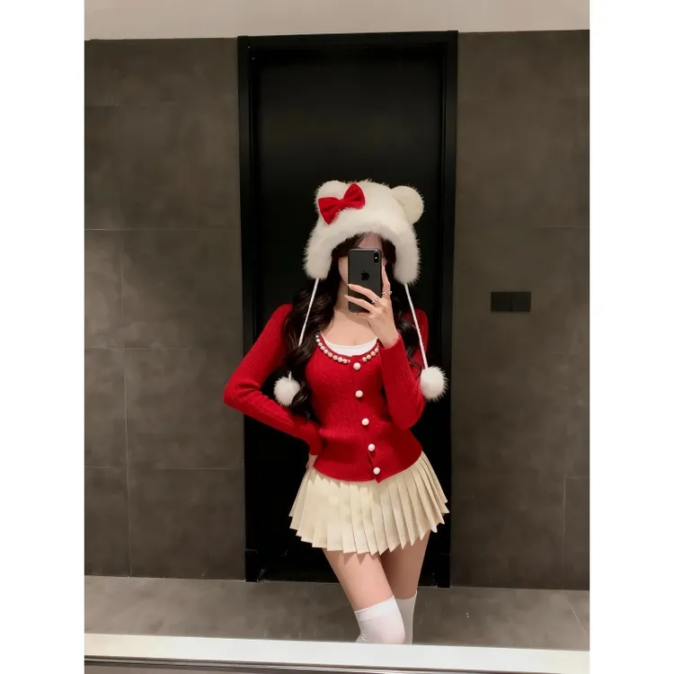 2025秋冬新款甜辣妹设计感长袖针织开衫高腰纯欲显瘦短裙两件套潮