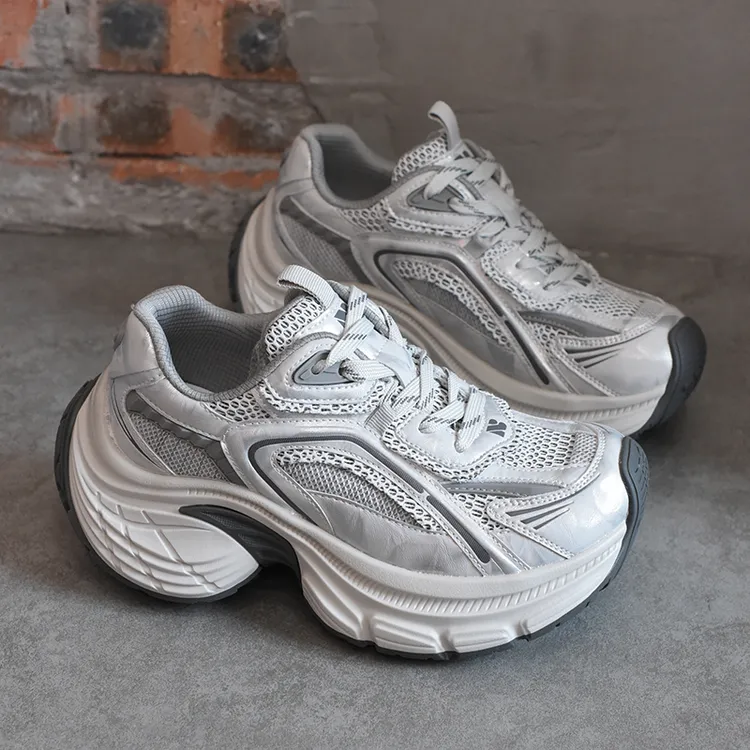 欧洲站女鞋2025秋季新款网面增高透气银色老爹鞋女百搭防滑运动鞋