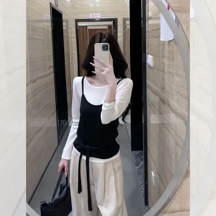 韩系设计感黑白针织衫两件套女2025早秋休闲气质修身长袖打底上衣