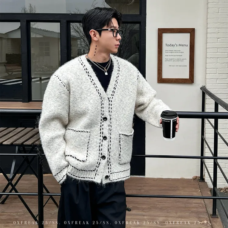 OXFREAK「编织明线设计」羊毛混纺v领开衫毛衣男秋冬季加厚针织衫