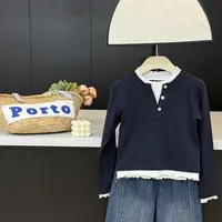  leomama女童长袖t恤2025秋季新款中大童三粒扣假两件儿童上衣