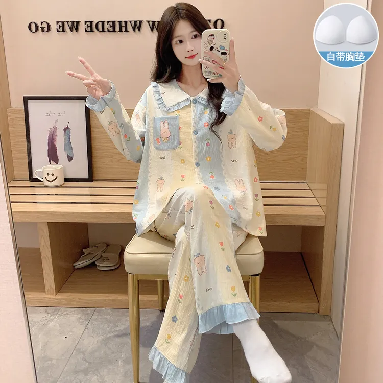 带胸垫睡衣女长袖长裤秋冬季甜美卡通少女休闲可外穿秋家居服套装