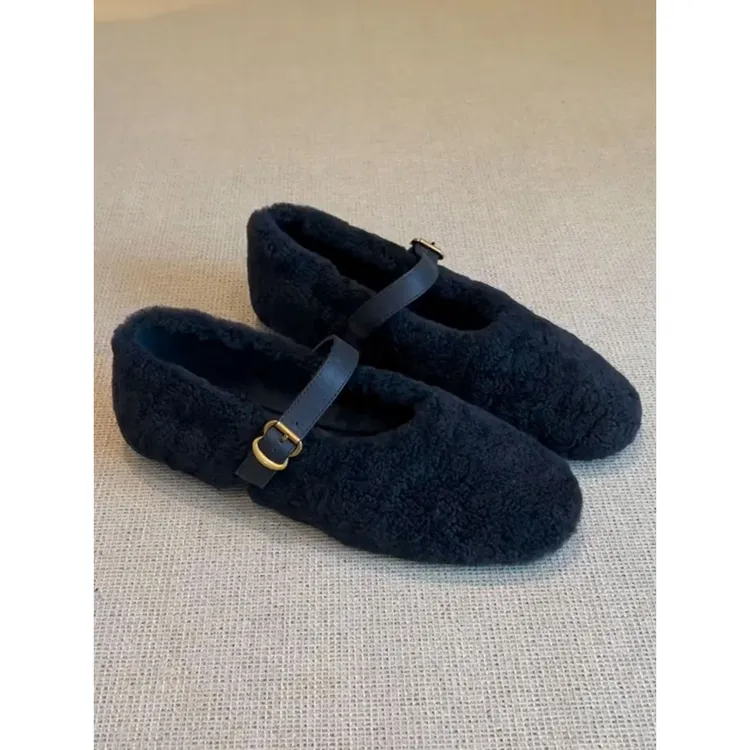 羊皮版~一字带玛丽珍单鞋女2025秋冬新款百搭平底加绒保暖毛毛鞋