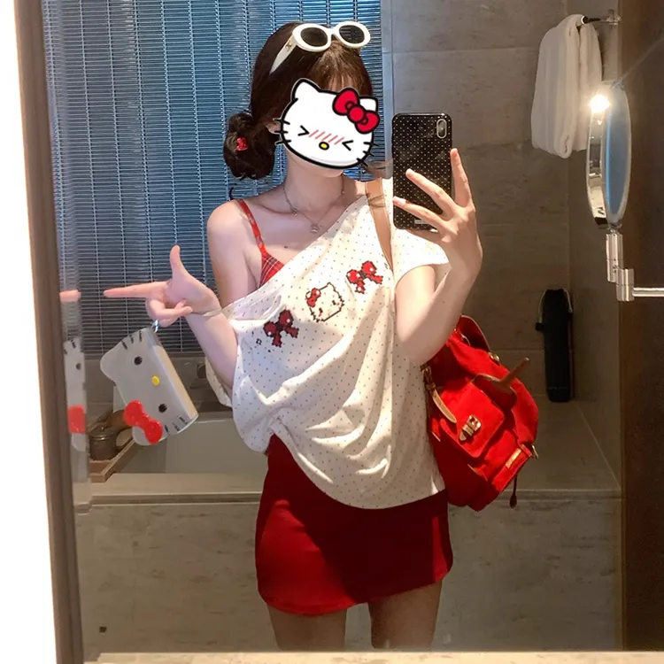 【樱桃甜酒】刺绣波点kitty猫短袖t恤女夏季宽松百搭甜妹上衣两件套