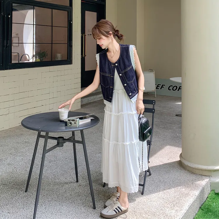 复古蕾丝花边牛仔马甲吊带裙套装2025女夏新款松弛感韩系两件套潮