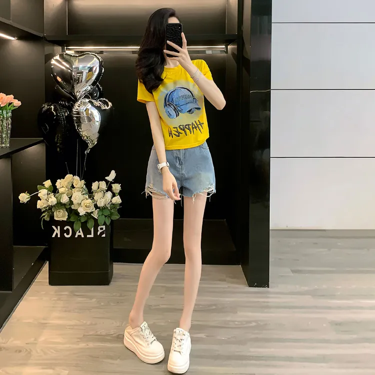 潮流休闲时尚运动套装女夏季新款圆领烫钻印花短袖牛仔短裤两件套