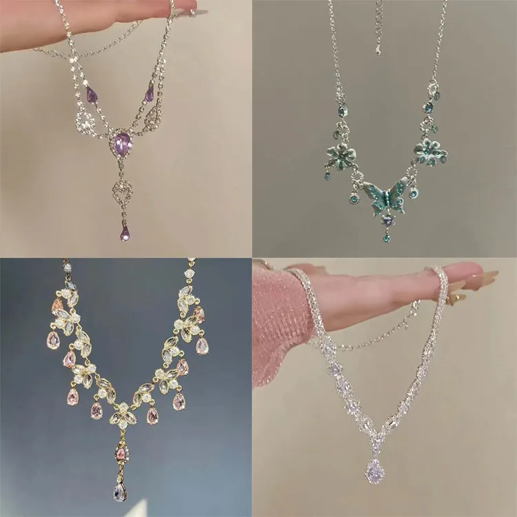 合金合成锆石项链 2024年新款超闪蝴蝶水滴项链女森系小众精致