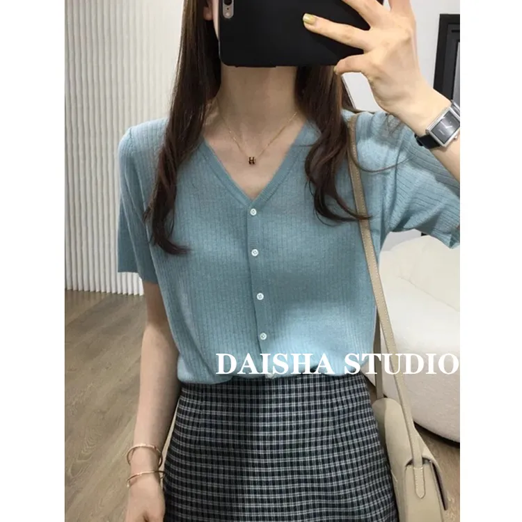 夏季薄款防晒针织小开衫女洋气百搭温柔风气质短袖V领显瘦上衣373