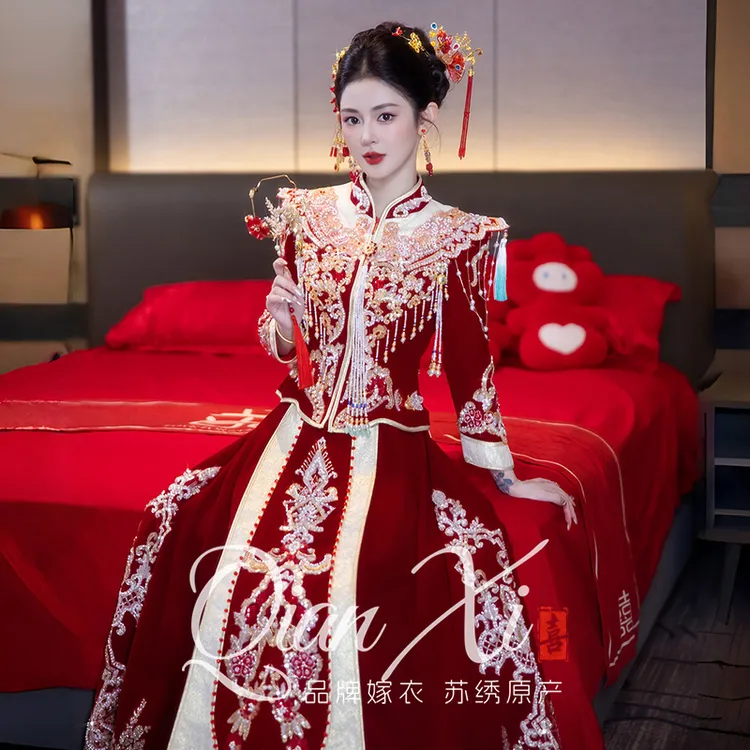 丝绒秀禾服爆款2025新款新娘高级结婚礼服中式婚服敬酒服重工嫁衣