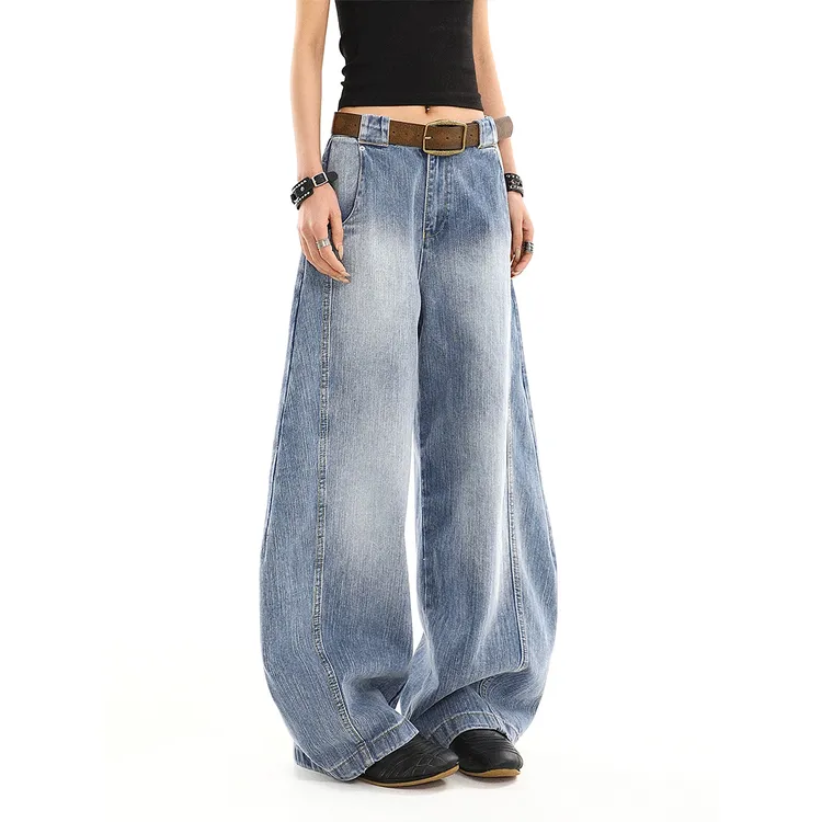 美式复古弯刀牛仔裤夏季新款设计感宽松垂感直筒阔腿拖地长裤子潮