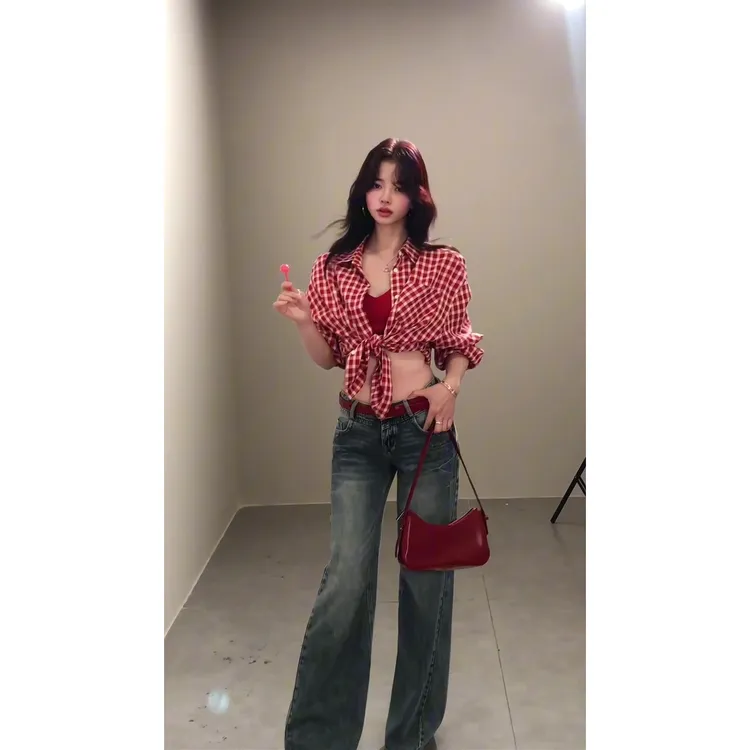 2025松弛感防晒格子衬衫高腰长裤女夏季新款气质时尚辣妹两件套