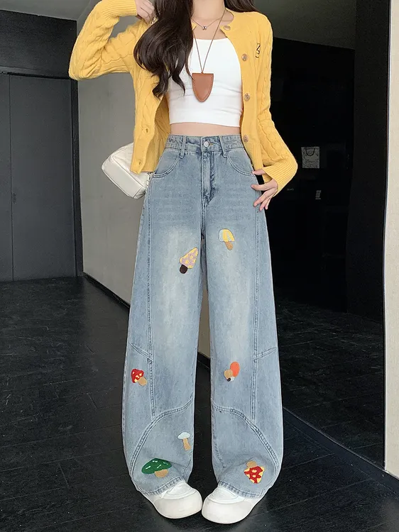 2025秋装新款胖mm大码女时尚卡通刺绣设计感牛仔阔腿裤 30812