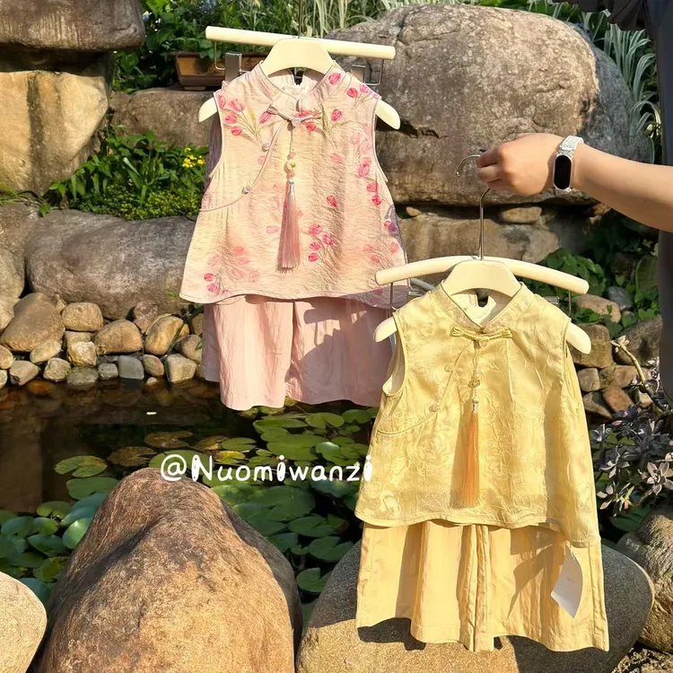 【现】【花间绽华】儿童新中式盘扣压襟背心套装（夏款）WZJ-23091