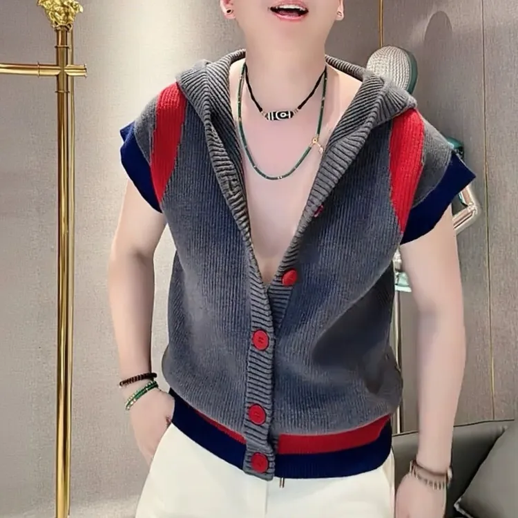 高端男女同款粗针织撞色拼色工艺连帽针织衫毛衣春款Holdoumen