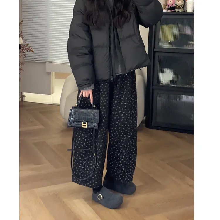 碎花裤”加绒加厚直筒微哈伦碎花裤子九分十分裤 好显瘦有质感
