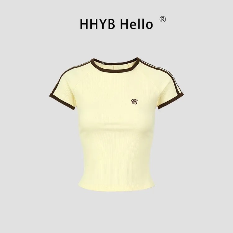 HHYB Hello2025新款修身撞色坑条螺纹插肩袖刺绣T恤上衣250424