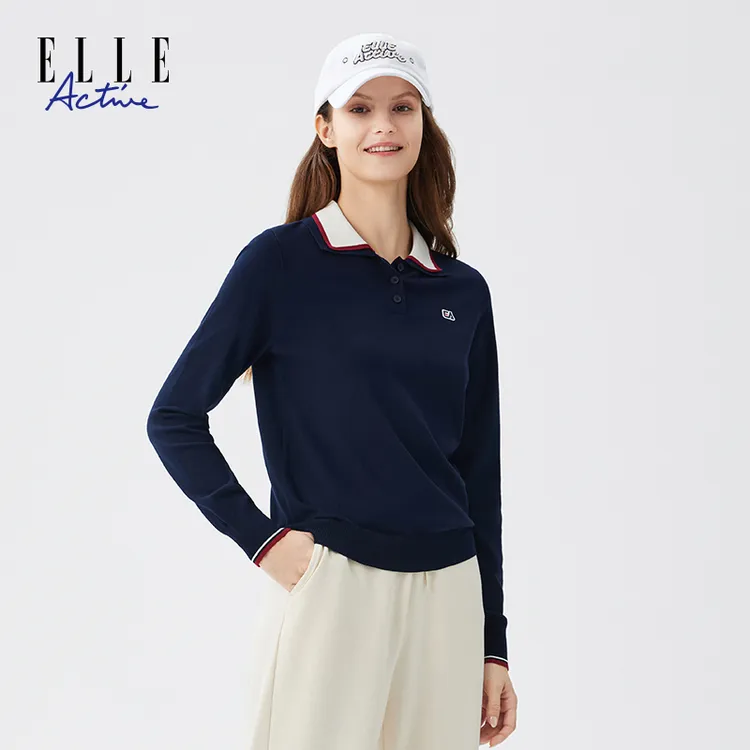 ELLE Active【舒弹冰爽丝】假两件翻领针织衫女款休闲长袖上衣秋装
